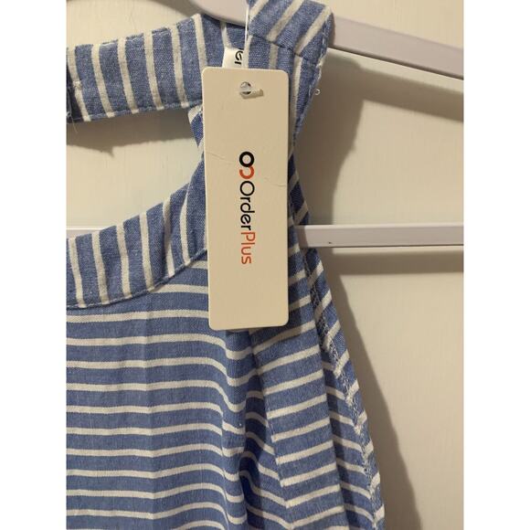 OC Order Plus Linen Jumpsuit Wide Leg Pantsuit Romper Blue Striped Beach Boho L‎ - Picture 6 of 16